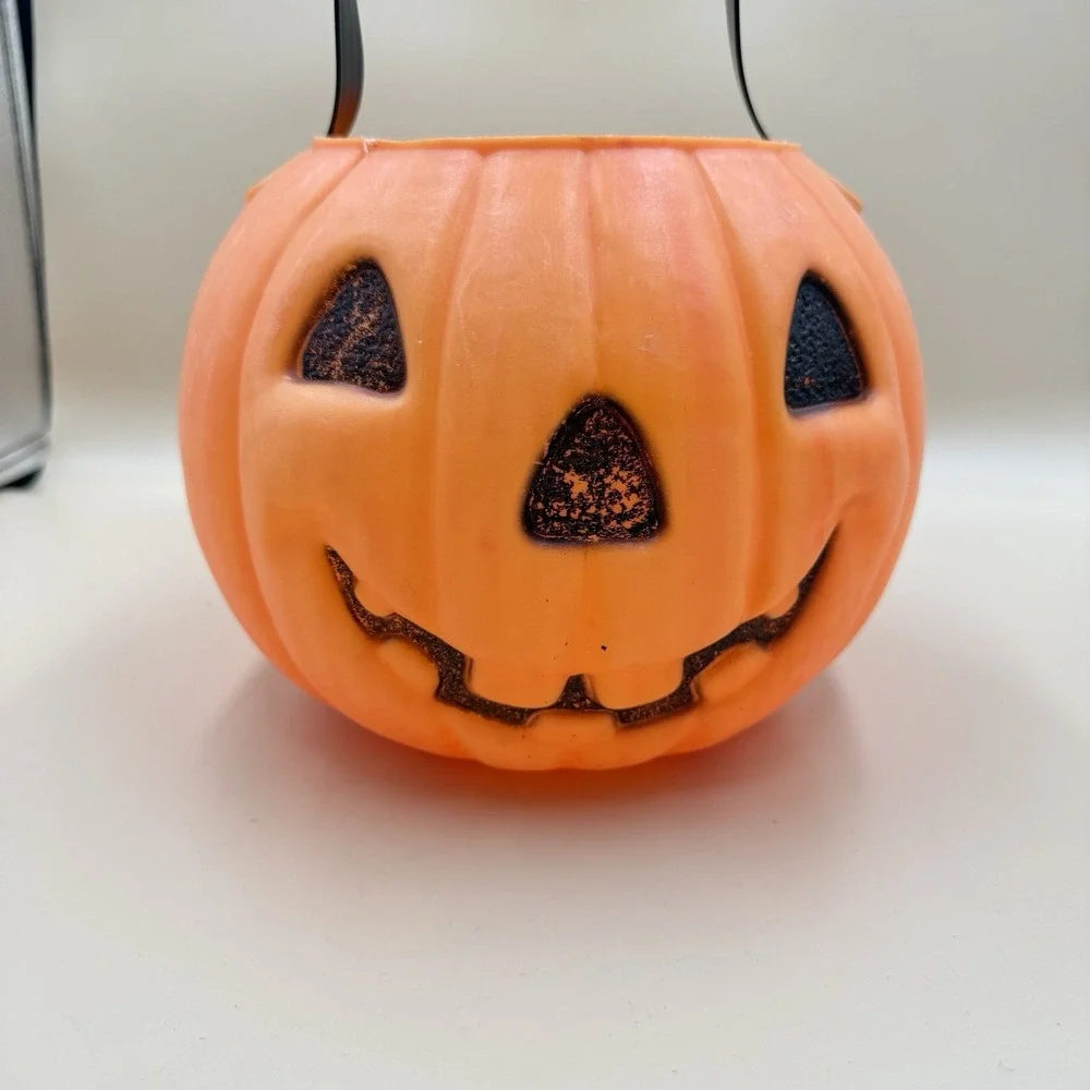 Vintage Renzi 2-Sided Halloween Blow Mold Pumpkin Witch Candy Pail Bucket Retro